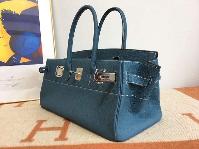 Hermes original calfskin birkin 42 shoulder bag BK0058 denim blue