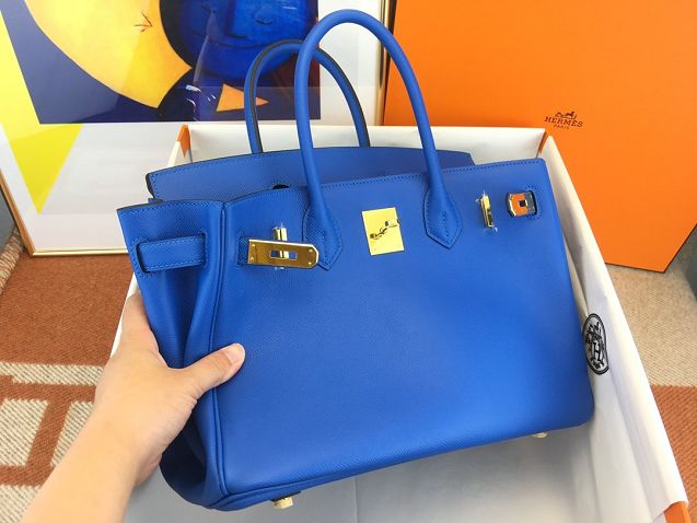 Hermes original epsom leather birkin 35 bag H35-3 blue hydra