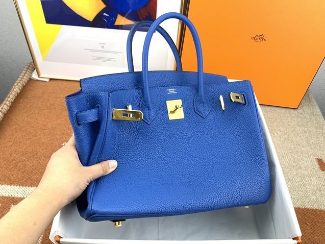 Hermes original togo leather birkin 25 bag H25-1 blue zellige