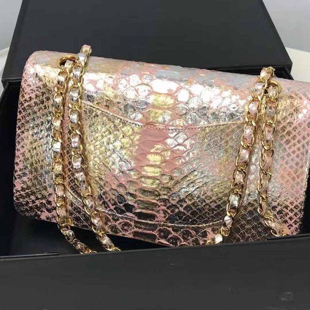 CC original phython leather medium flap bag A01112 gold&pink