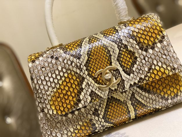 CC original python leather small coco handle bag A92990 grey&yellow