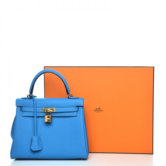 Hermes original togo leather kelly 32 bag K32-1 blue zanzibar