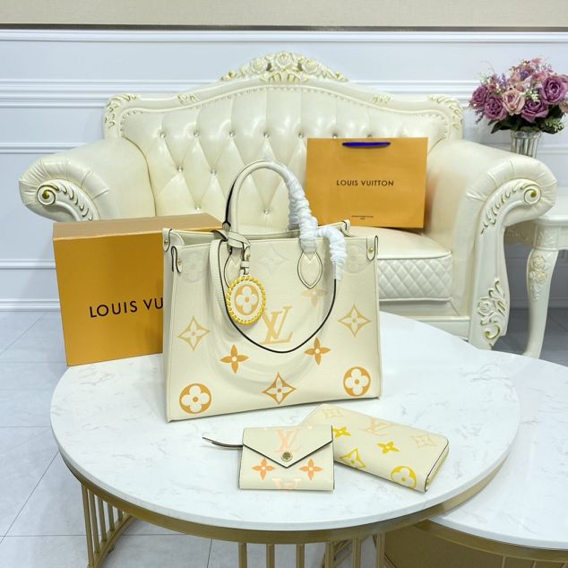 Louis vuitton original embossed calfskin onthego mm M45717 white&saffron