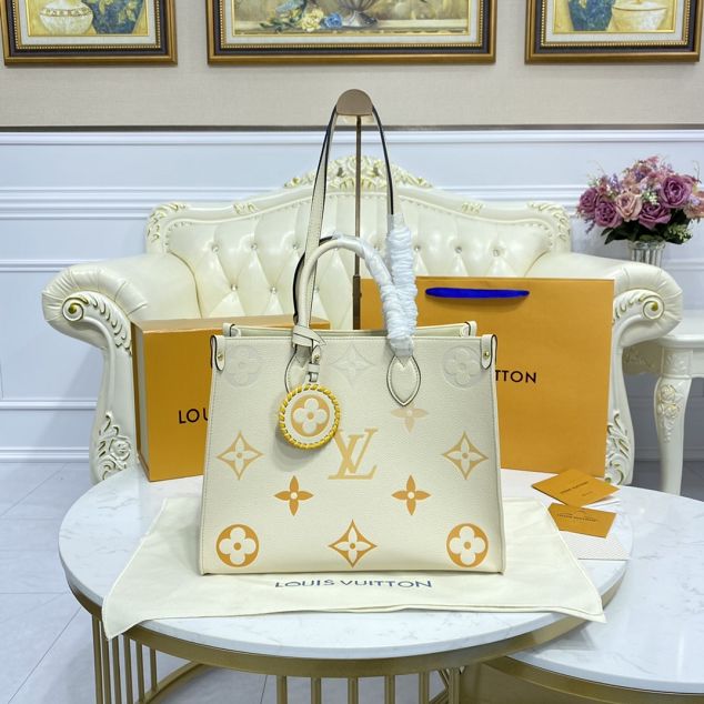 Louis vuitton original embossed calfskin onthego mm M45717 white&saffron