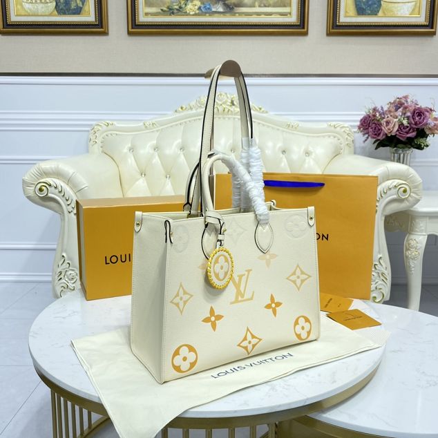 Louis vuitton original embossed calfskin onthego mm M45717 white&saffron