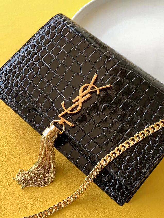 YSL original crocodile calfskin kate chain wallet 452159 black