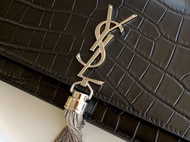 YSL original crocodile calfskin kate chain wallet 452159 black