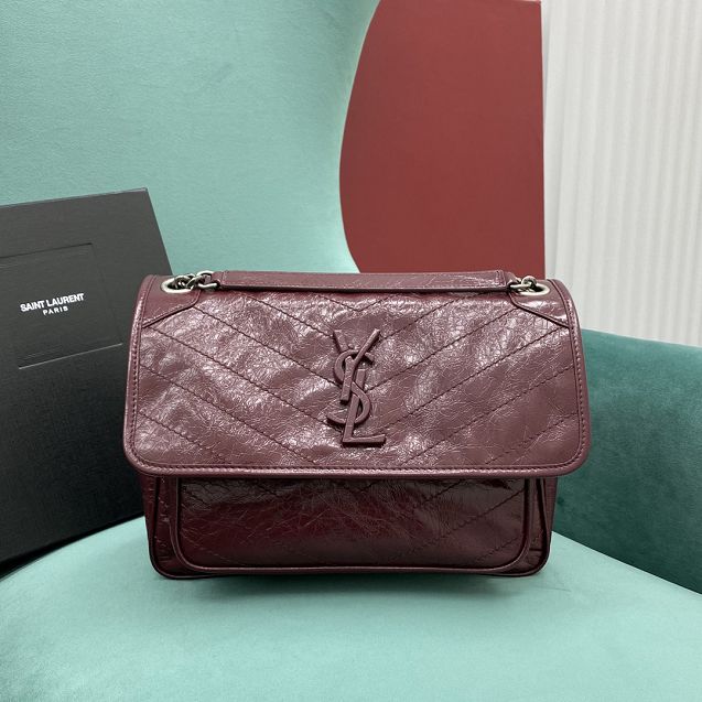 YSL original crinkled calfskin niki medium bag 498894 bordeaux