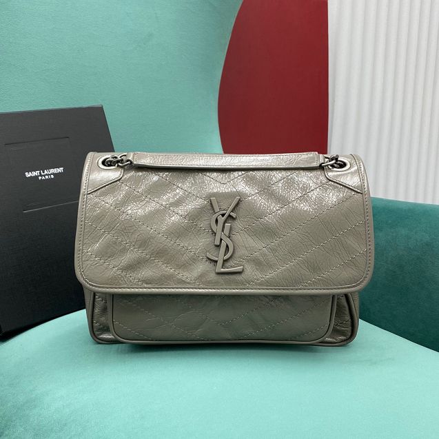 YSL original crinkled calfskin niki medium bag 498894 light grey