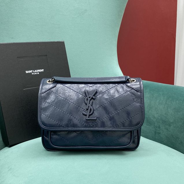 YSL original crinkled calfskin niki baby bag 533037 navy blue