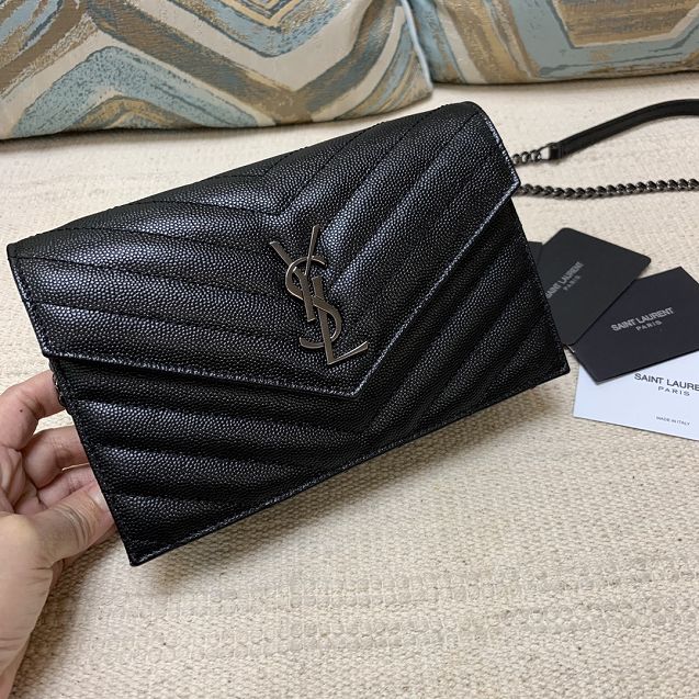 YSL original grained calfskin envelope small wallet on chain 393953 black