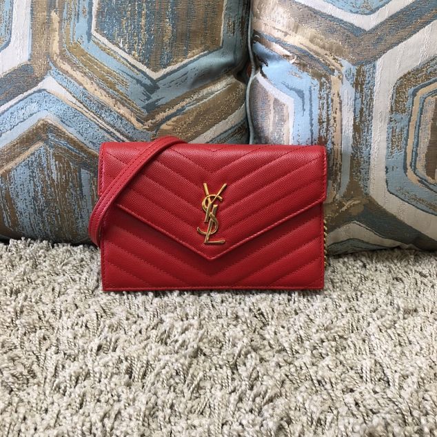 YSL original grained calfskin envelope small wallet on chain 393953 red