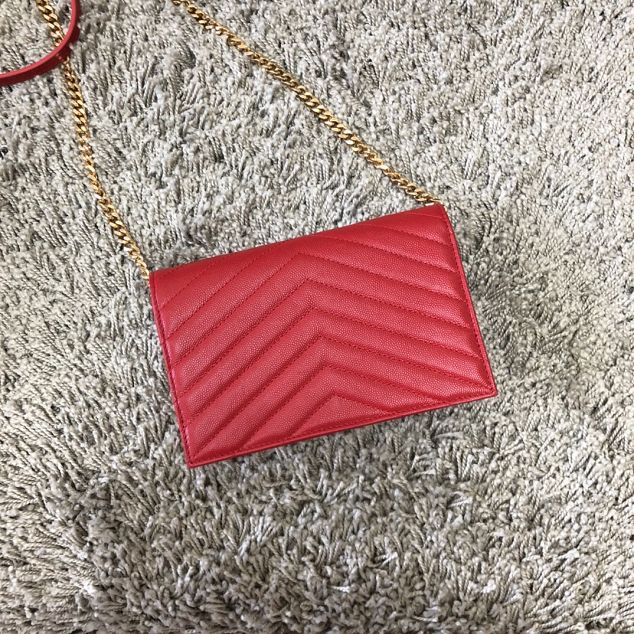 YSL original grained calfskin envelope small wallet on chain 393953 red