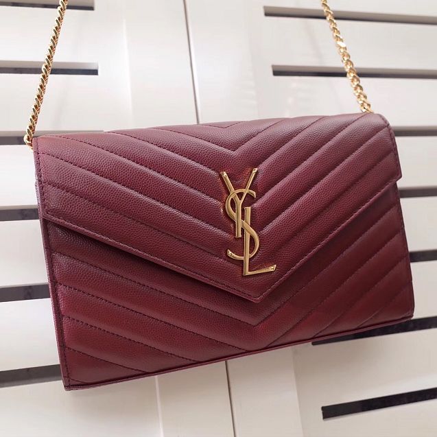 YSL original grained calfskin envelope wallet on chain 360452 bordeaux