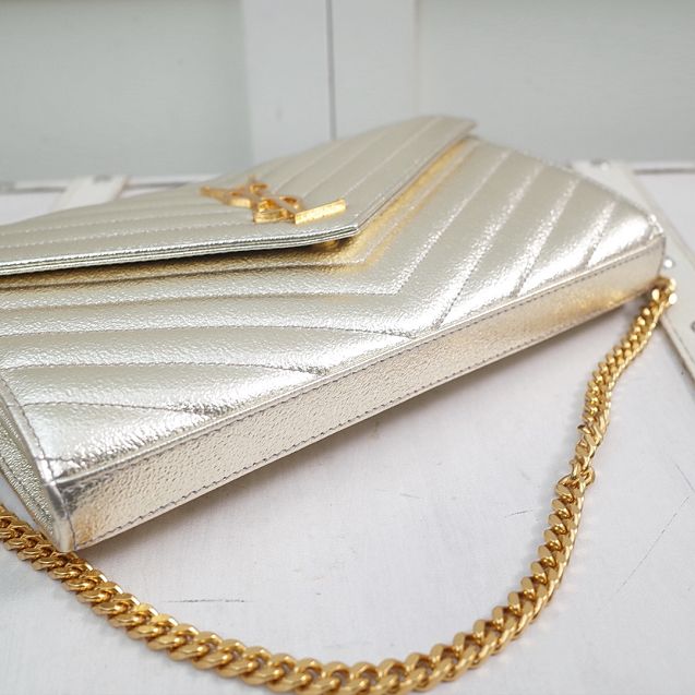 YSL original grained calfskin envelope wallet on chain 360452 silver