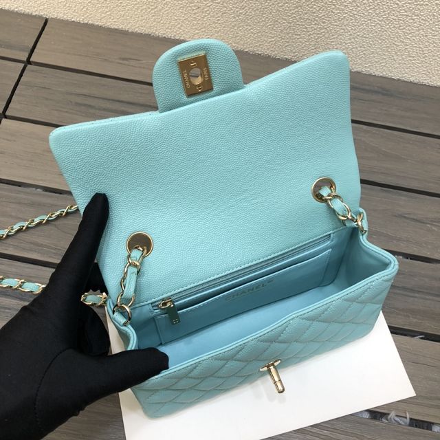 CC original grained calfskin mini flap bag A69900 sky blue