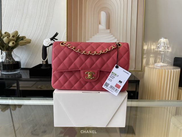 CC original grained calfskin small flap bag A01113 rose red