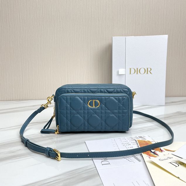 Dior original calfskin caro double pouch S5037 steel blue