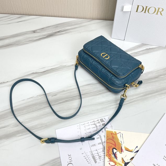 Dior original calfskin caro double pouch S5037 steel blue