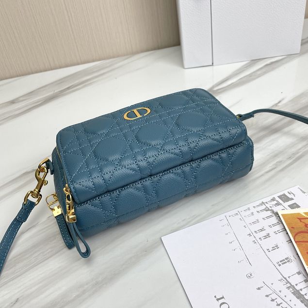 Dior original calfskin caro double pouch S5037 steel blue