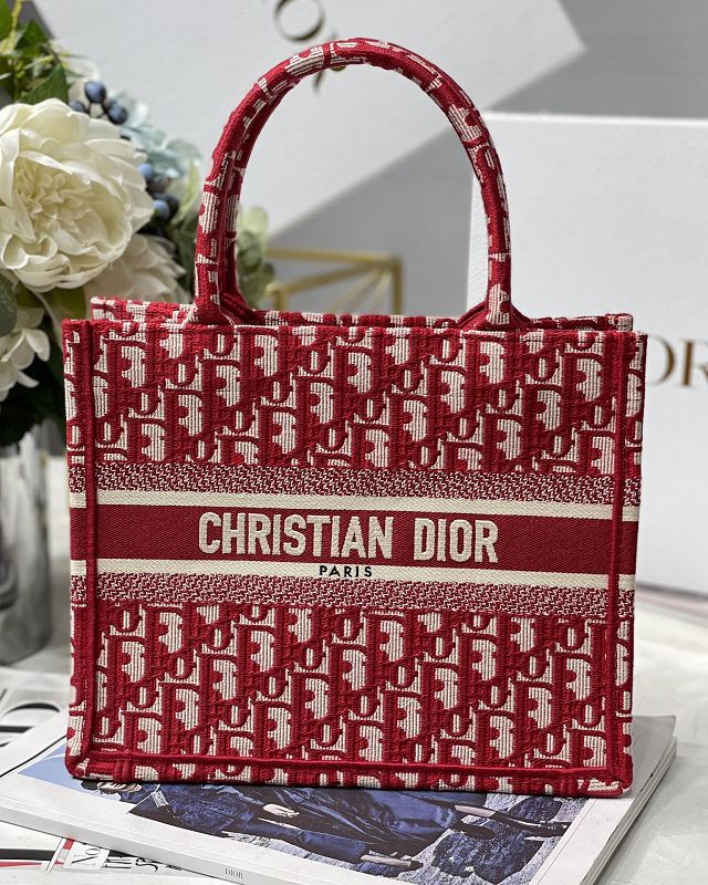 Dior original canvas small book tote bag M1265 burgundy