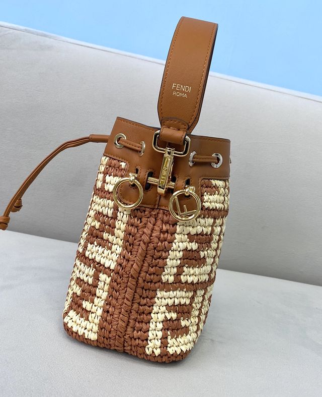 Fendi straw small mon tresor bucket bag 8BS010 brown