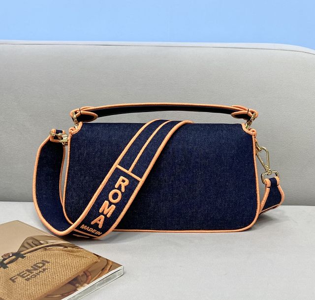 Fendi original denim medium baguette bag 8BR600 dark blue&orange