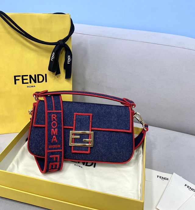 Fendi original denim medium baguette bag 8BR600 dark blue&red