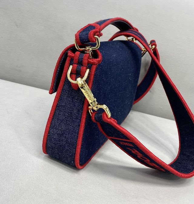 Fendi original denim medium baguette bag 8BR600 dark blue&red