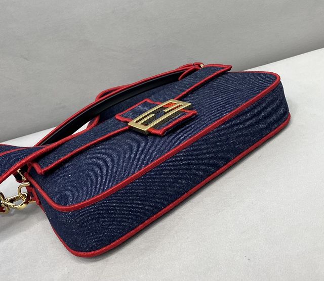 Fendi original denim medium baguette bag 8BR600 dark blue&red