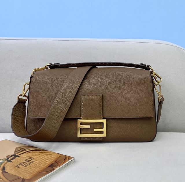 Fendi original grained calfskin large baguette bag 8BR795 dark coffee