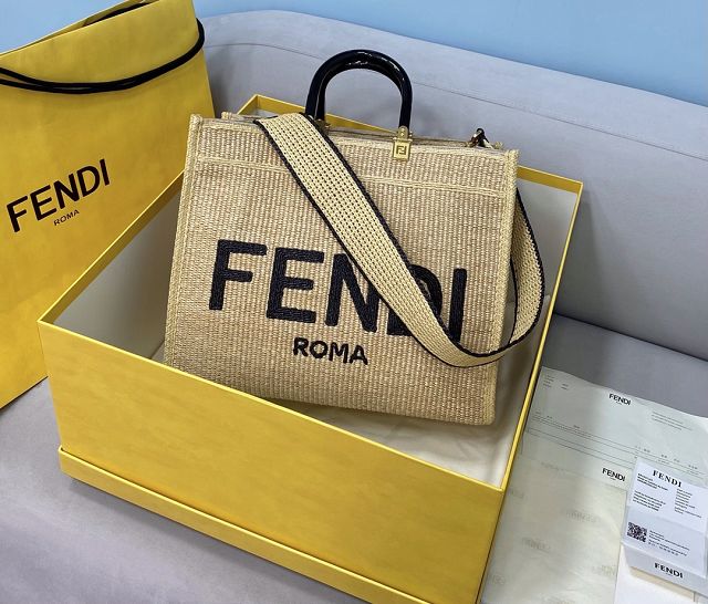 Fendi original raffia medium sunshine shopper bag 8BH386 apricot&black