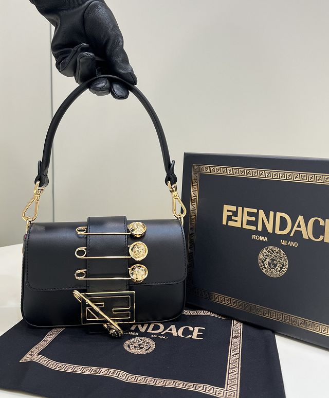 Fendi original calfskin mini brooch baguette bag 8BS066 black