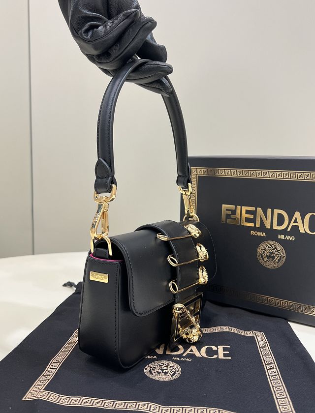 Fendi original calfskin mini brooch baguette bag 8BS066 black