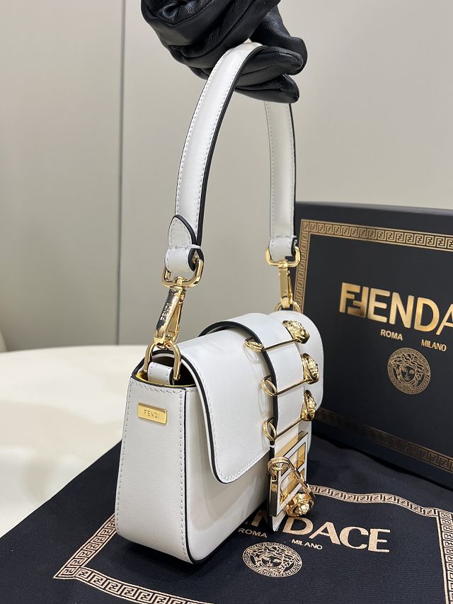 Fendi original calfskin mini brooch baguette bag 8BS066 white