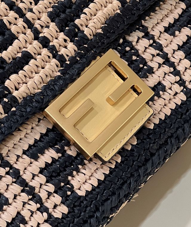 Fendi original raffia medium baguette bag 8BR600 black&beige