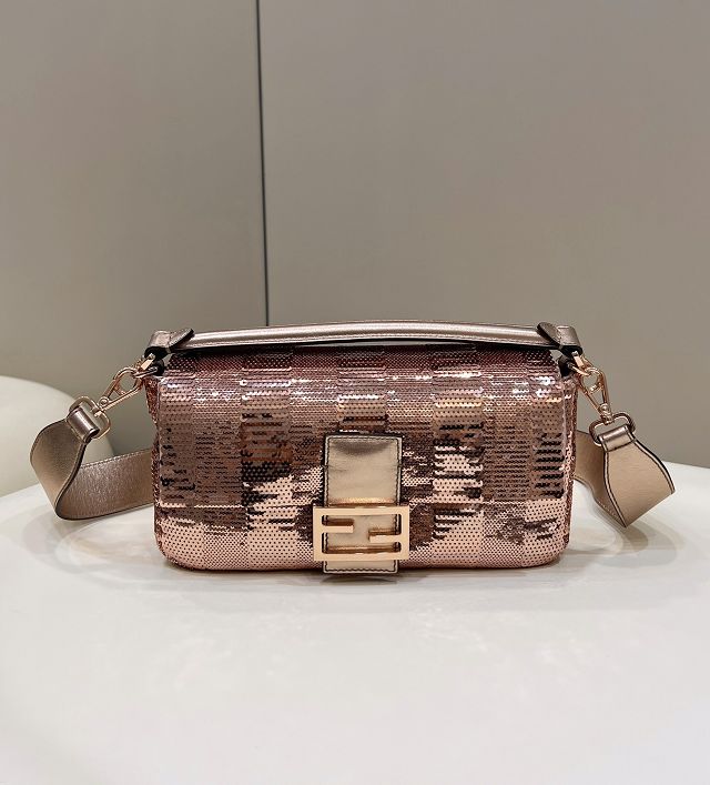 Fendi sequined medium baguette bag 8BS044 rose gold