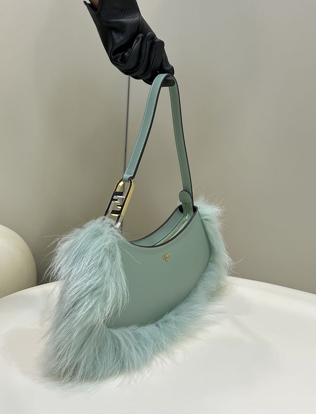 Fendi original calfskin&fox fur O-Lock swing pouch 8BS068 mint green