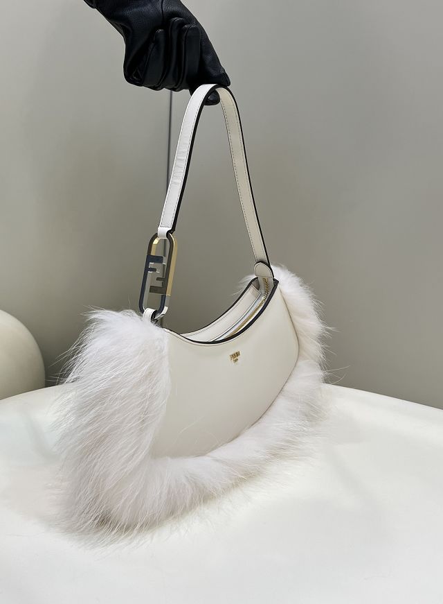 Fendi original calfskin&fox fur O-Lock swing pouch 8BS068 white