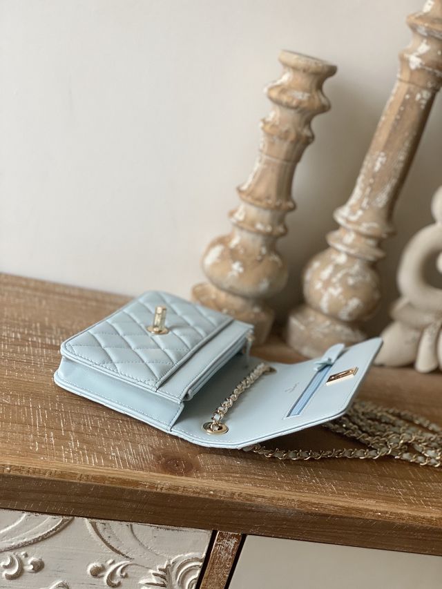 CC original lambskin wallet on chain A80982 light blue