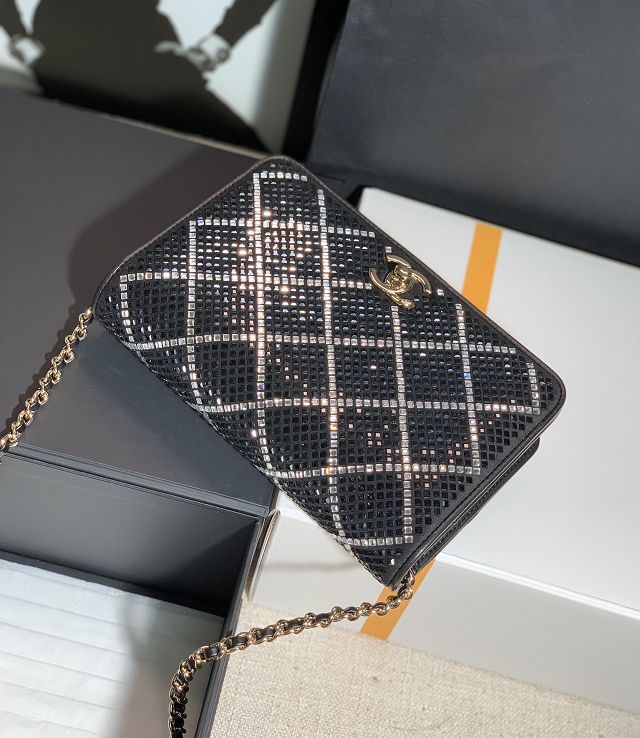 CC original lambskin&strass wallet on chain AP2853 black