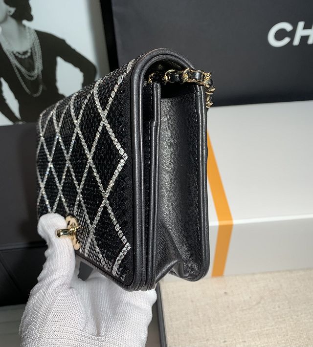 CC original lambskin&strass wallet on chain AP2853 black