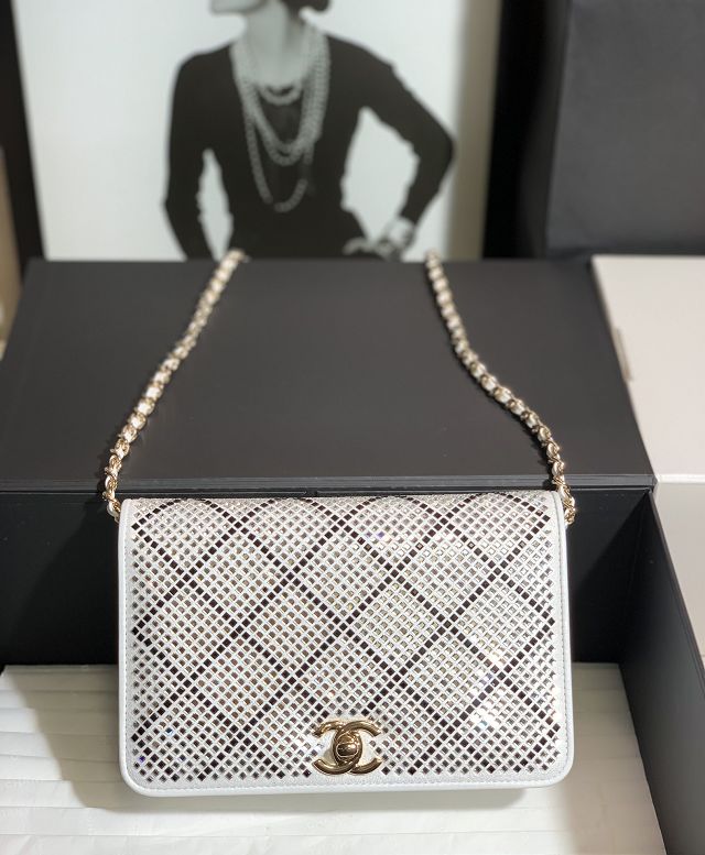 CC original lambskin&strass wallet on chain AP2853 white