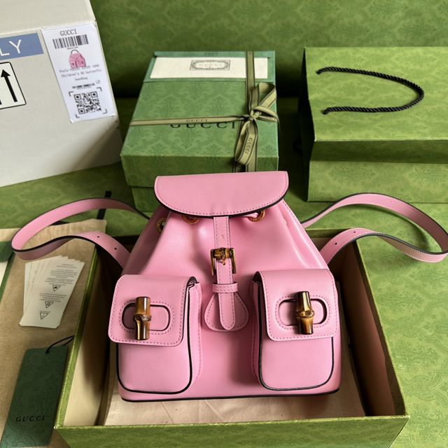 GG original calfskin bamboo small backpack 702101 pink