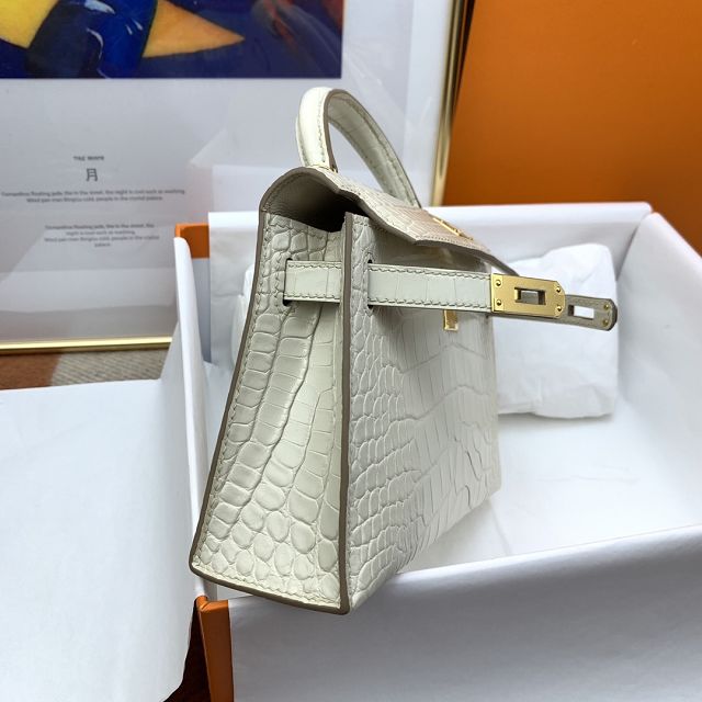 Hermes genuine crocodile leather mini kelly bag K0019 craie 