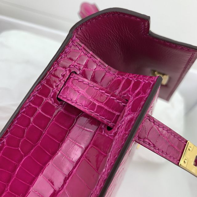 Hermes genuine crocodile leather mini kelly bag K0019 rose sheherzade