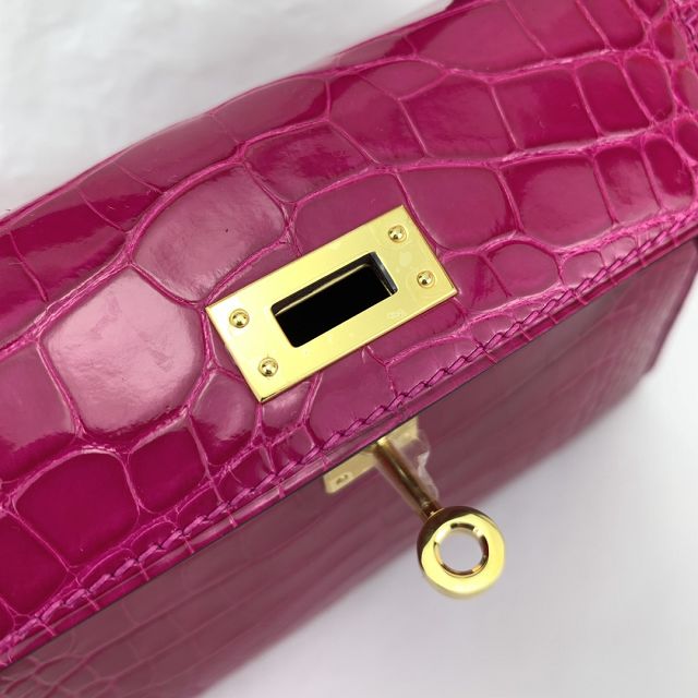 Hermes genuine crocodile leather mini kelly bag K0019 rose sheherzade