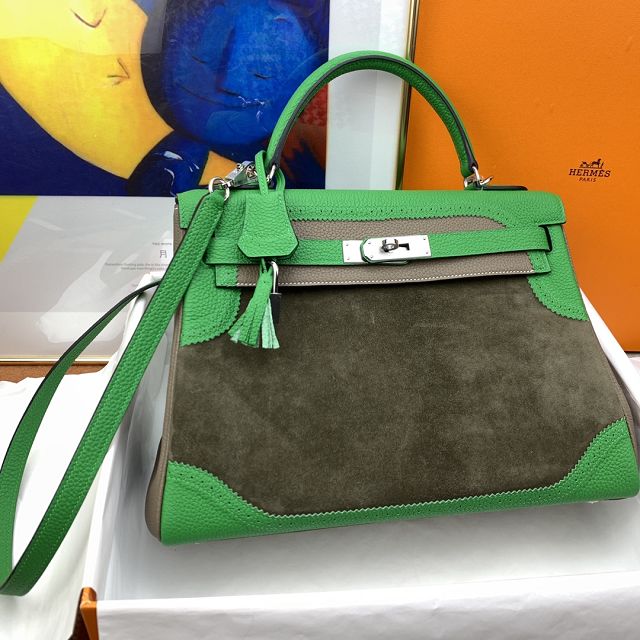 Hermes handmade original calfskin&suede kelly 32 bag HK320 green