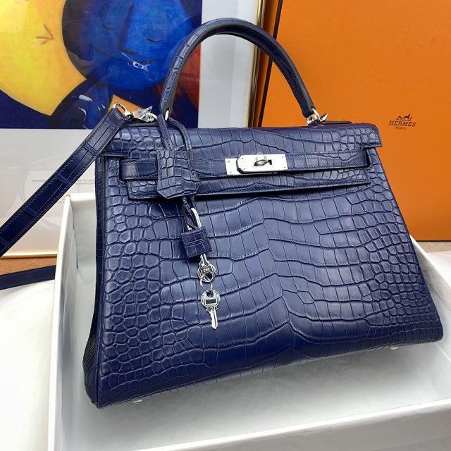 Hermes genuine crocodile leather kelly bag K320 blue saphir