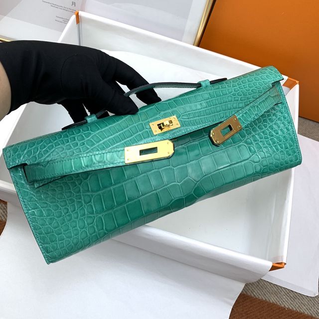 Hermes genuine crocodile leather kelly cut 31 clutch C310 vert jade 